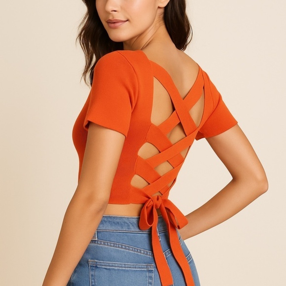 Unbranded Women’s Orange Knit Square Neck Short Sleeve Lace-Up Back Crop Top